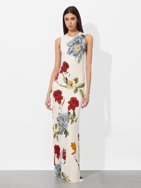 ivey pleated skirt maxi dress ALICE + OLIVIA Ivey pleated printed satin and stretch-mesh maxi dress